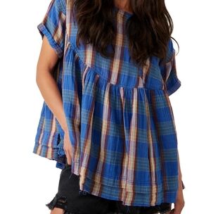 We The Free Blue Combo moon City Plaid Top Cotton Gauze Babydoll XS oversized